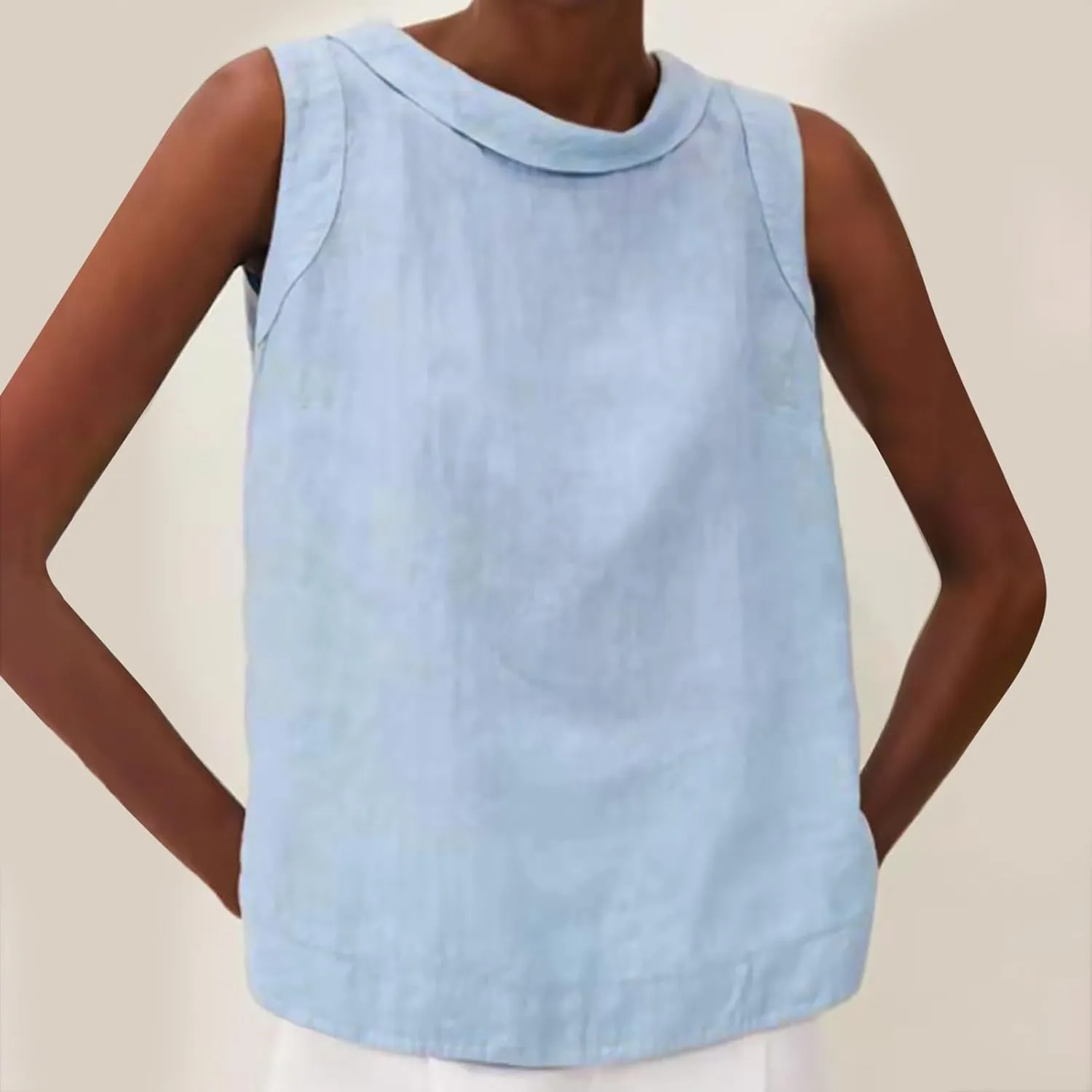 Women Cotton Linen Sleeveless Crop Tank Tops O Neck Shirt Casual Solid Color Loose Fit Comfy T-Shirt Blouse Vest