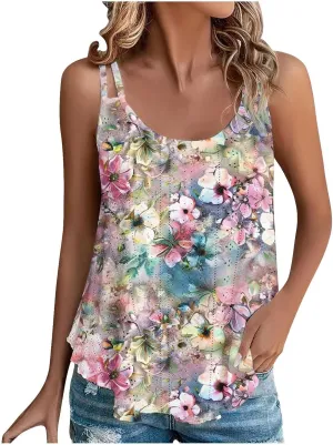 Women Crew Neck Tops Sleeveless Summer Shirts Floral Print Tank Tops Spaghetti Straps Casual Blouses Shirt Flowy Tee