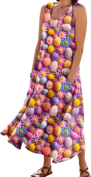 Women Easter Dress with Pockets Wide Skirt Floral Easter Eggs Friends' Gathering Spring Dress Stylish Fresh Natural Dress