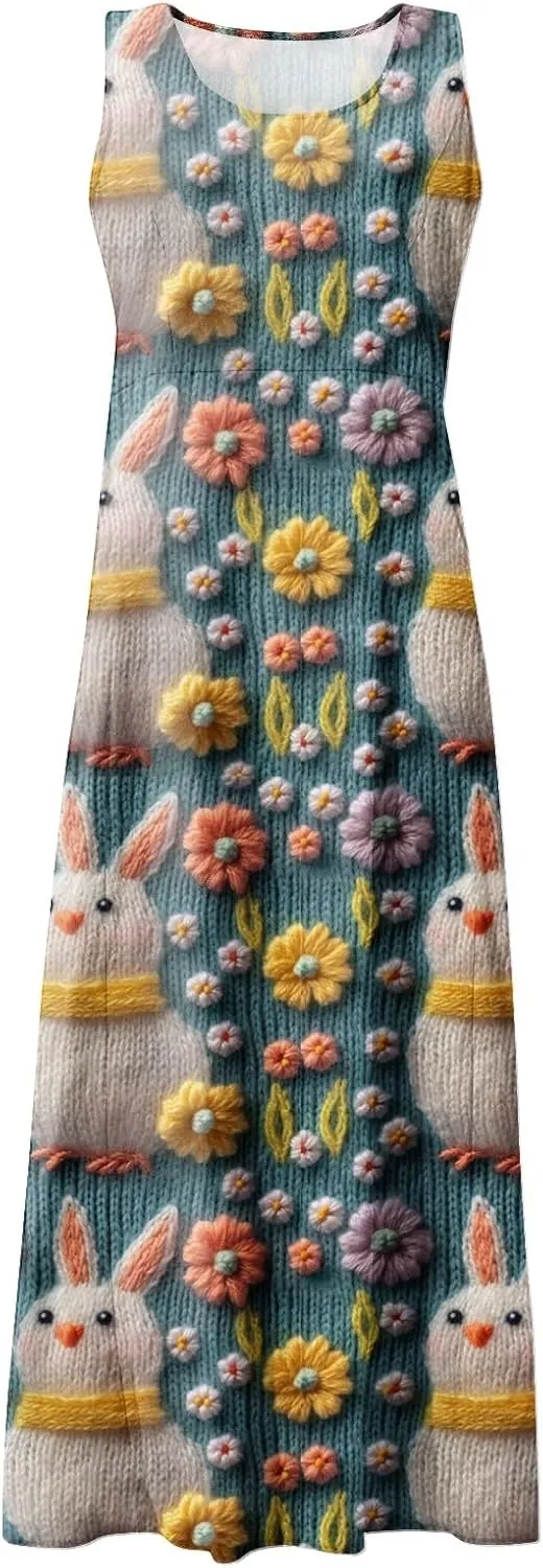Women Easter Dress with Pockets Wide Skirt Floral Easter Eggs Friends' Gathering Spring Dress Stylish Fresh Natural Dress