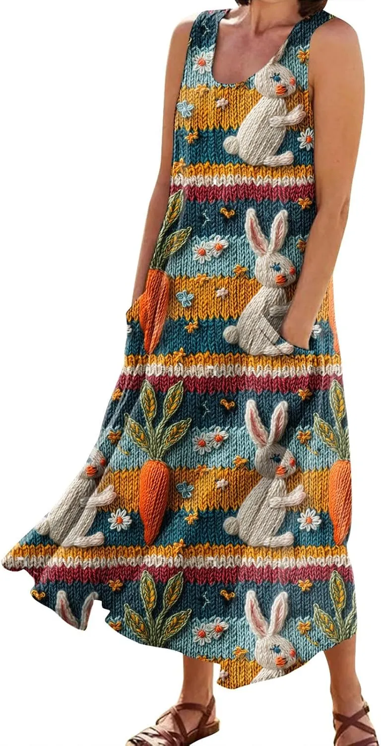 Women Easter Dress with Pockets Wide Skirt Floral Easter Eggs Friends' Gathering Spring Dress Stylish Fresh Natural Dress