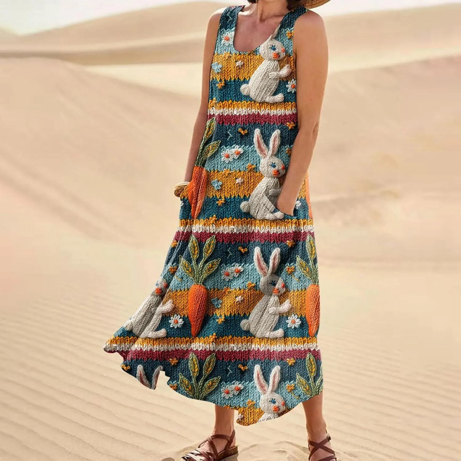 Women Easter Dress with Pockets Wide Skirt Floral Easter Eggs Friends' Gathering Spring Dress Stylish Fresh Natural Dress