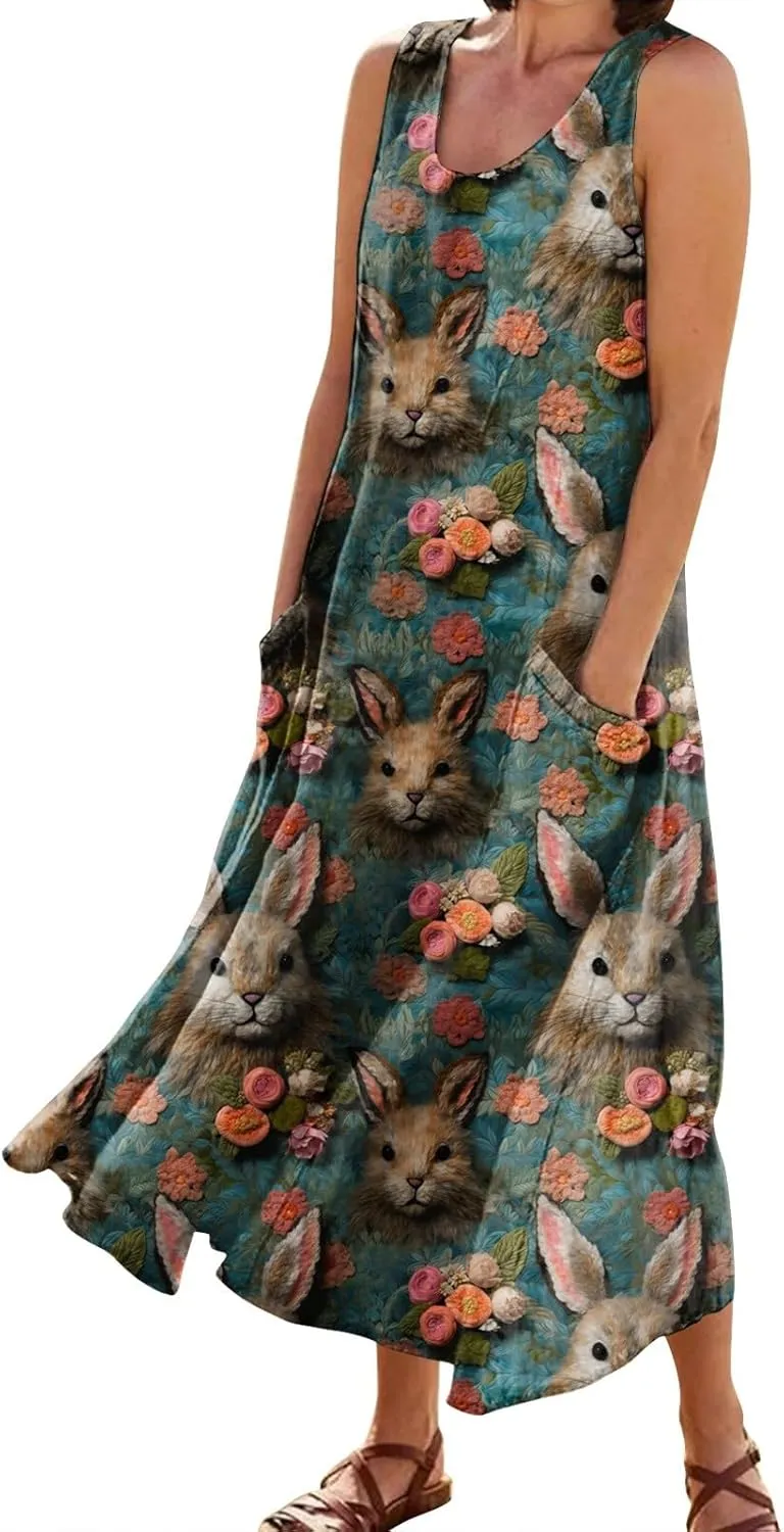 Women Easter Dress with Pockets Wide Skirt Floral Easter Eggs Friends' Gathering Spring Dress Stylish Fresh Natural Dress