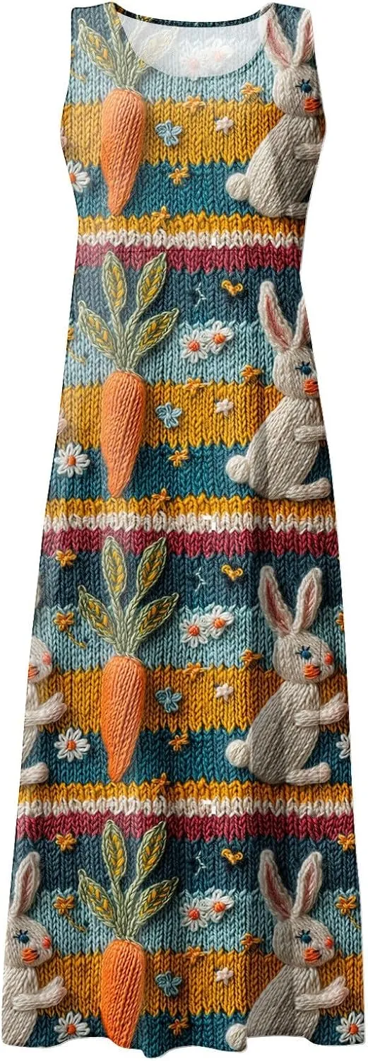 Women Easter Dress with Pockets Wide Skirt Floral Easter Eggs Friends' Gathering Spring Dress Stylish Fresh Natural Dress