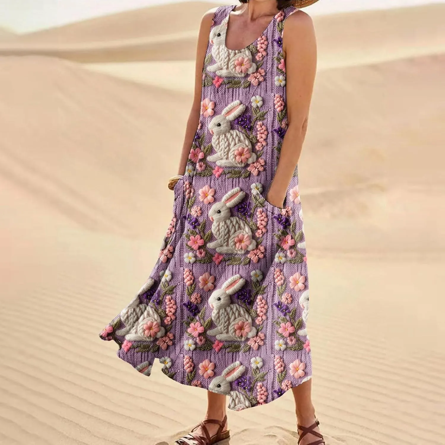 Women Easter Dress with Pockets Wide Skirt Floral Easter Eggs Friends' Gathering Spring Dress Stylish Fresh Natural Dress