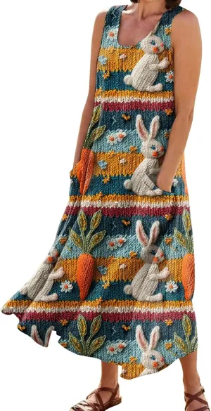 Women Easter Dress with Pockets Wide Skirt Floral Easter Eggs Friends' Gathering Spring Dress Stylish Fresh Natural Dress