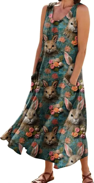Women Easter Dress with Pockets Wide Skirt Floral Easter Eggs Friends' Gathering Spring Dress Stylish Fresh Natural Dress