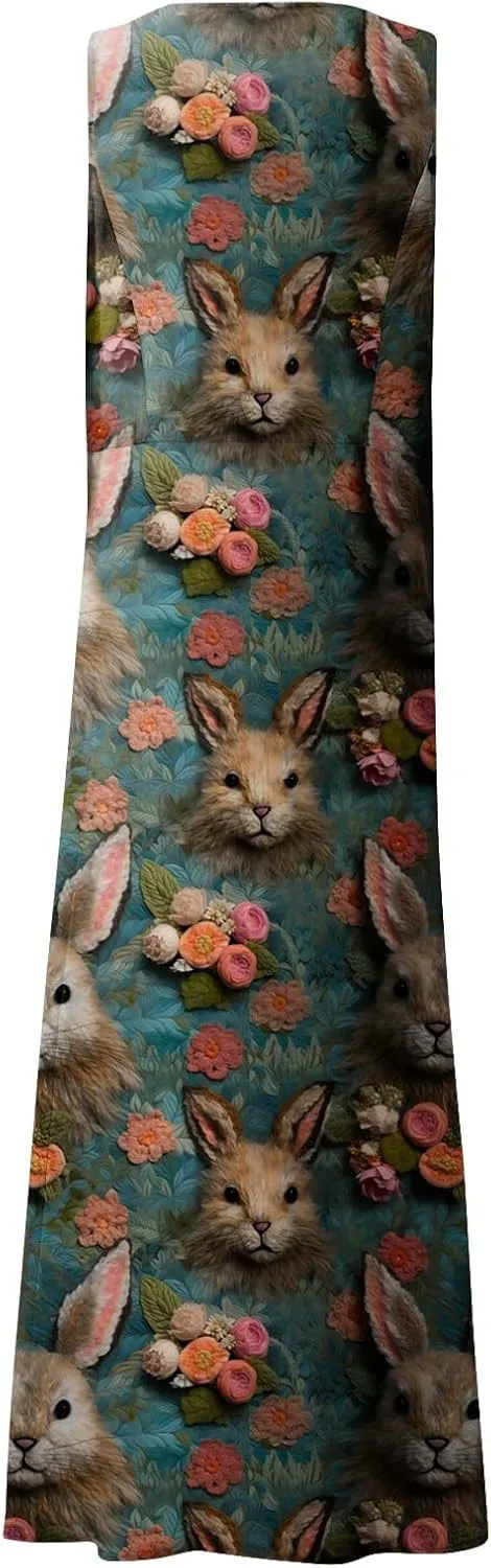 Women Easter Dress with Pockets Wide Skirt Floral Easter Eggs Friends' Gathering Spring Dress Stylish Fresh Natural Dress