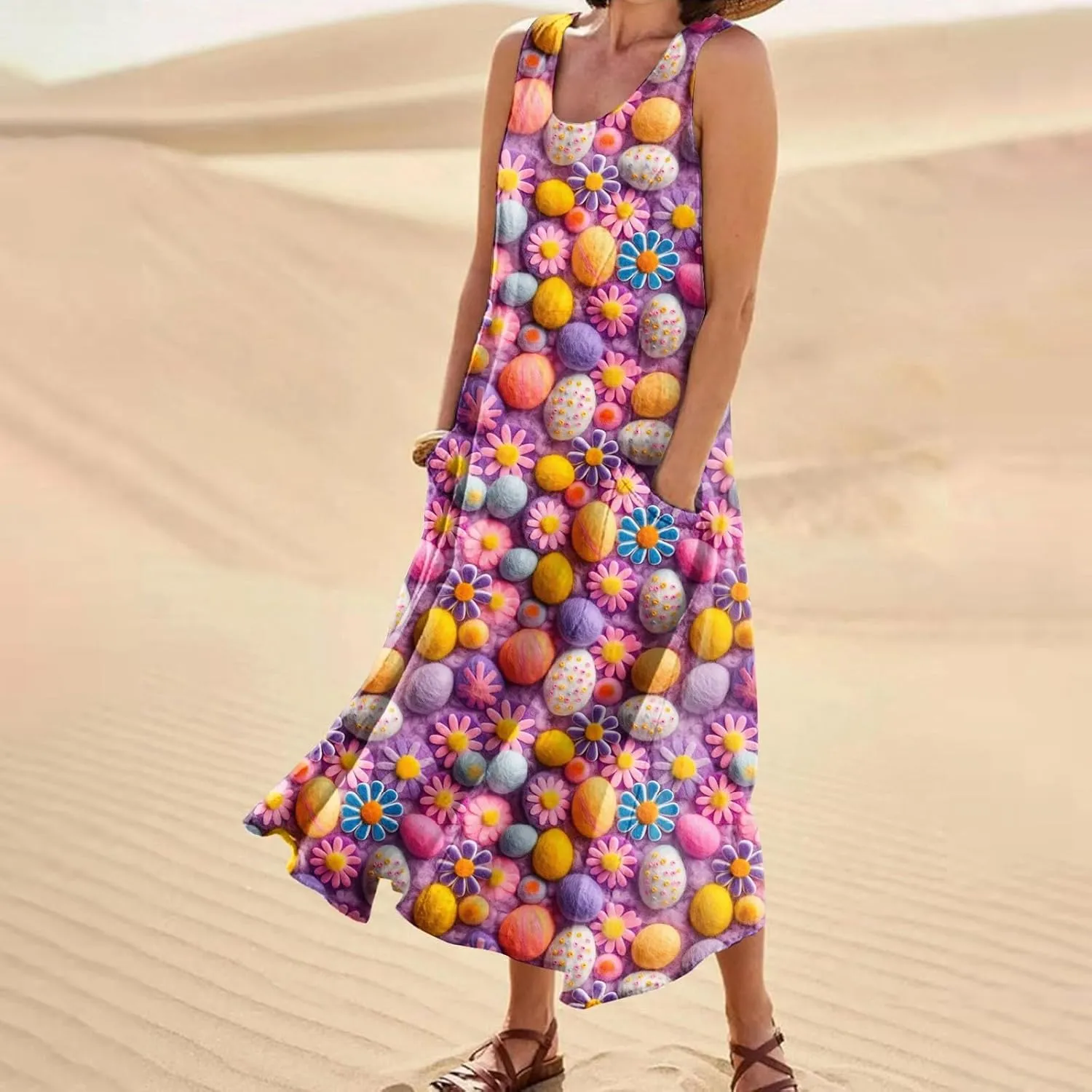 Women Easter Dress with Pockets Wide Skirt Floral Easter Eggs Friends' Gathering Spring Dress Stylish Fresh Natural Dress