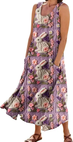 Women Easter Dress with Pockets Wide Skirt Floral Easter Eggs Friends' Gathering Spring Dress Stylish Fresh Natural Dress
