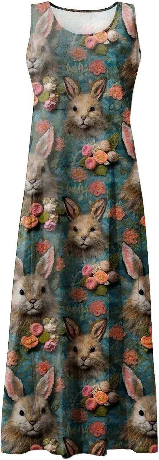 Women Easter Dress with Pockets Wide Skirt Floral Easter Eggs Friends' Gathering Spring Dress Stylish Fresh Natural Dress