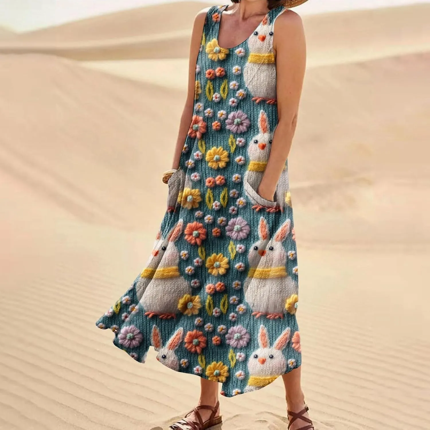 Women Easter Dress with Pockets Wide Skirt Floral Easter Eggs Friends' Gathering Spring Dress Stylish Fresh Natural Dress