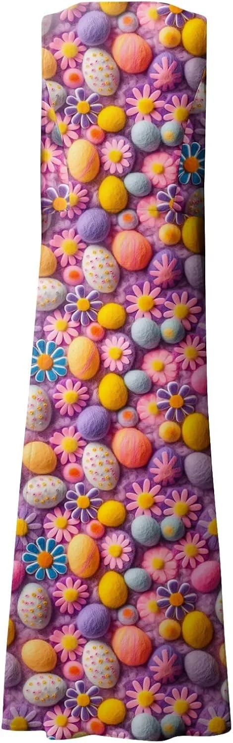 Women Easter Dress with Pockets Wide Skirt Floral Easter Eggs Friends' Gathering Spring Dress Stylish Fresh Natural Dress