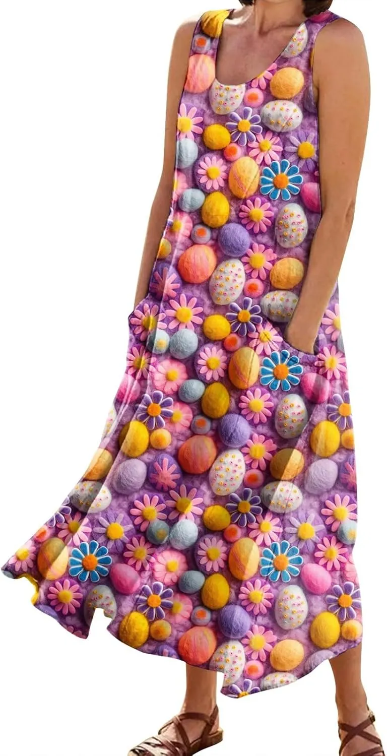 Women Easter Dress with Pockets Wide Skirt Floral Easter Eggs Friends' Gathering Spring Dress Stylish Fresh Natural Dress