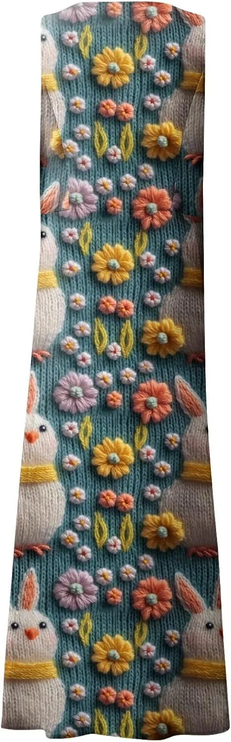 Women Easter Dress with Pockets Wide Skirt Floral Easter Eggs Friends' Gathering Spring Dress Stylish Fresh Natural Dress