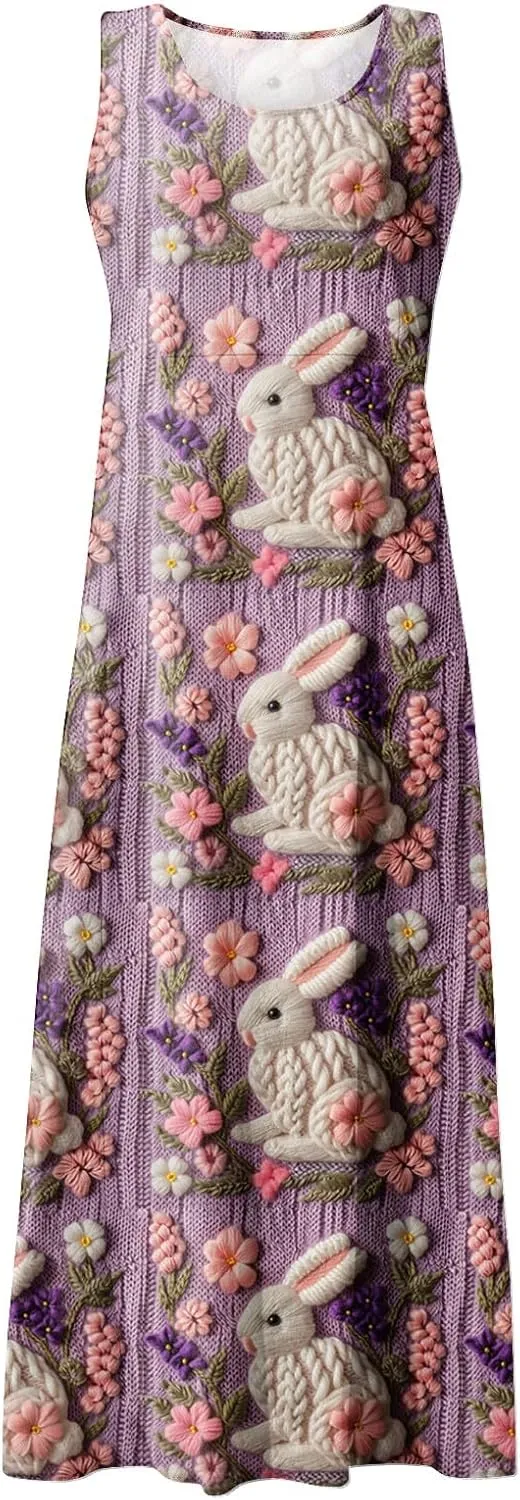 Women Easter Dress with Pockets Wide Skirt Floral Easter Eggs Friends' Gathering Spring Dress Stylish Fresh Natural Dress
