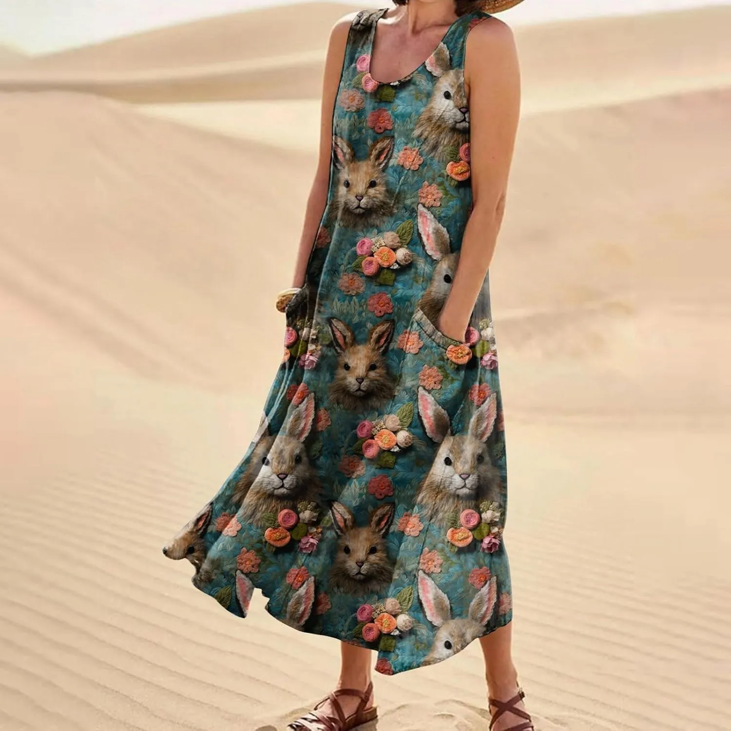 Women Easter Dress with Pockets Wide Skirt Floral Easter Eggs Friends' Gathering Spring Dress Stylish Fresh Natural Dress