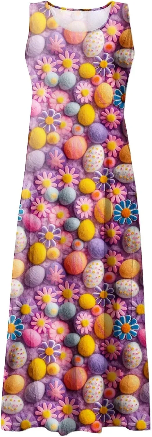 Women Easter Dress with Pockets Wide Skirt Floral Easter Eggs Friends' Gathering Spring Dress Stylish Fresh Natural Dress