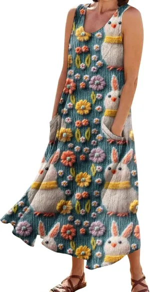 Women Easter Dress with Pockets Wide Skirt Floral Easter Eggs Friends' Gathering Spring Dress Stylish Fresh Natural Dress