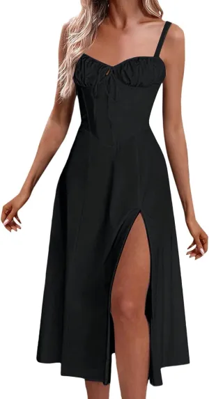 Women Floral Corset Dress Sleeveless Print Tie Dresses Spaghetti Strap Maxi Boho Flowy Slit Dress Beach Summer Dress
