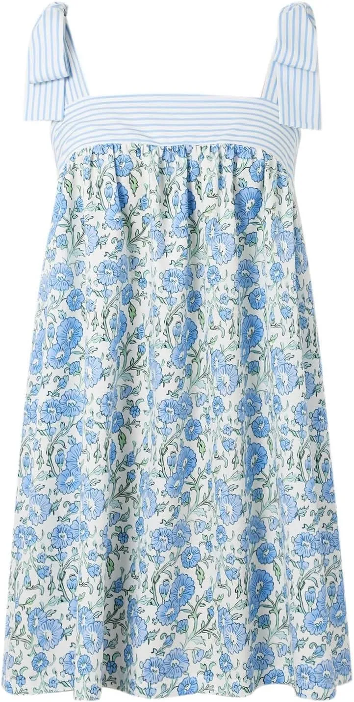 Women Floral Tie Shoulder Mini Dress Cute Square Neck Loose Fit Beach Short Dress Backless Boho Summer Vocation Sundress
