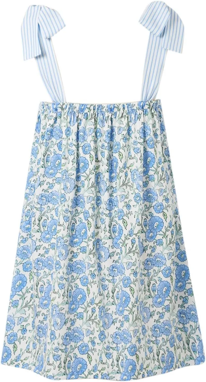 Women Floral Tie Shoulder Mini Dress Cute Square Neck Loose Fit Beach Short Dress Backless Boho Summer Vocation Sundress