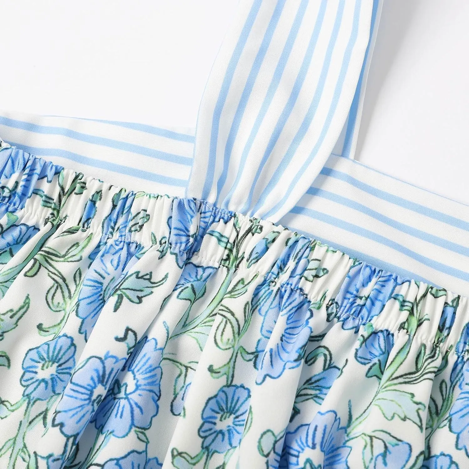 Women Floral Tie Shoulder Mini Dress Cute Square Neck Loose Fit Beach Short Dress Backless Boho Summer Vocation Sundress