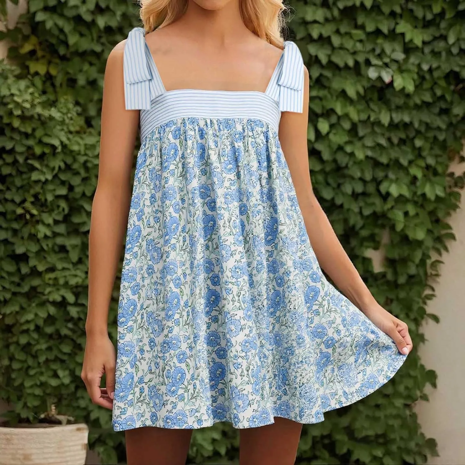 Women Floral Tie Shoulder Mini Dress Cute Square Neck Loose Fit Beach Short Dress Backless Boho Summer Vocation Sundress