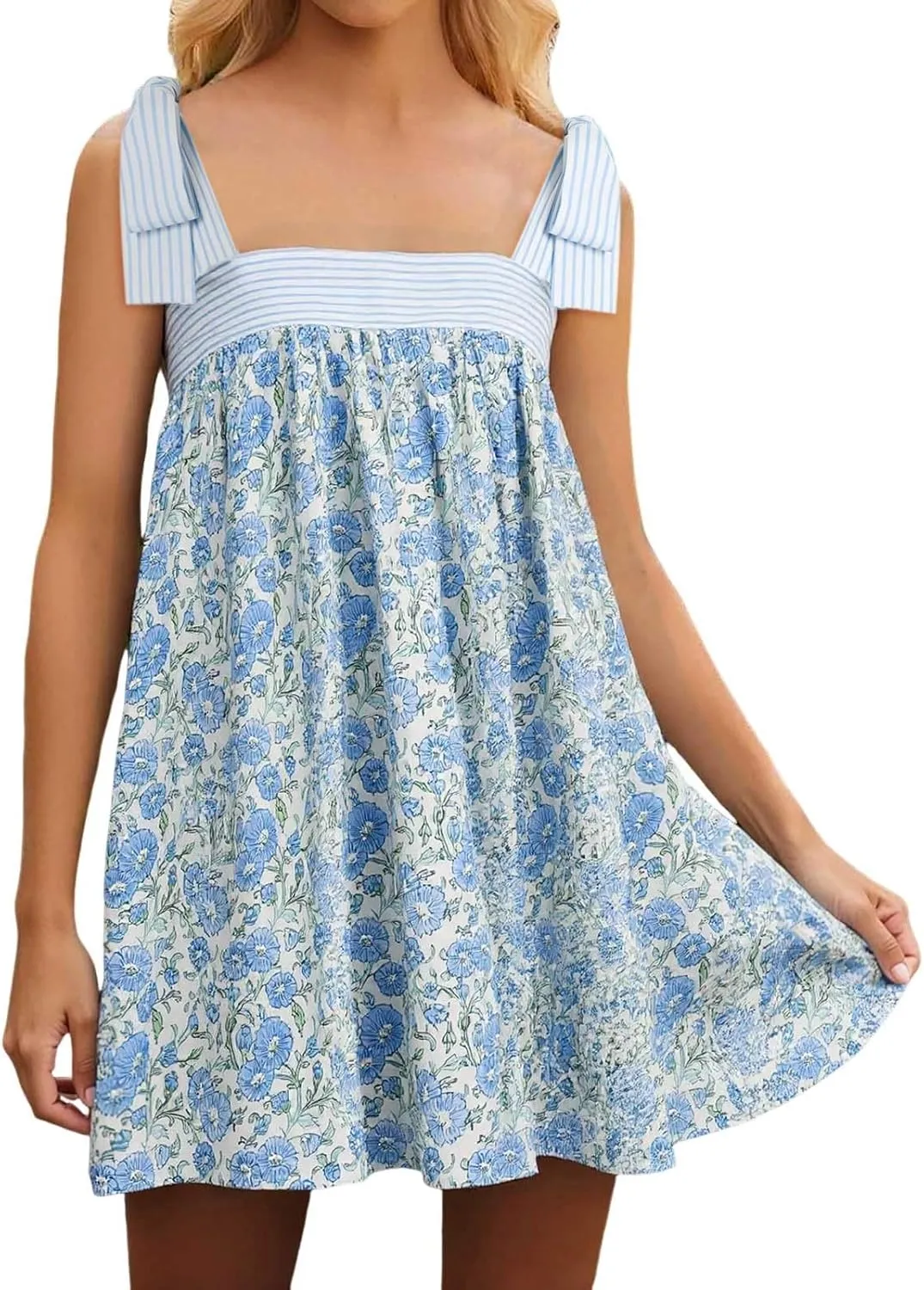 Women Floral Tie Shoulder Mini Dress Cute Square Neck Loose Fit Beach Short Dress Backless Boho Summer Vocation Sundress