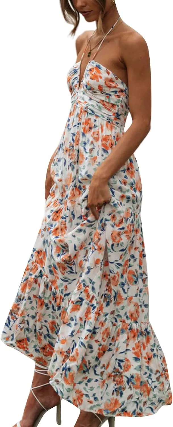 Women Halter Boho Maxi Dress Ruffle Floral Sleeveless Backless Vneck Spaghetti Strap Tie Back Flowy Long Sundress