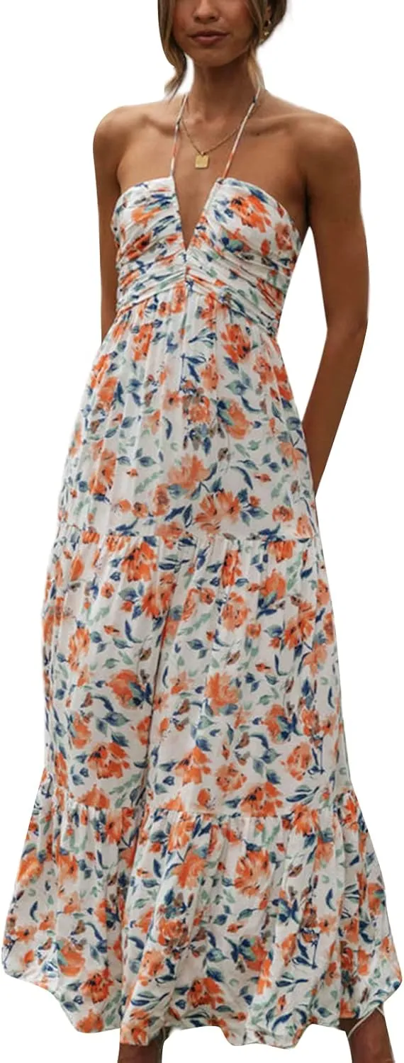 Women Halter Boho Maxi Dress Ruffle Floral Sleeveless Backless Vneck Spaghetti Strap Tie Back Flowy Long Sundress