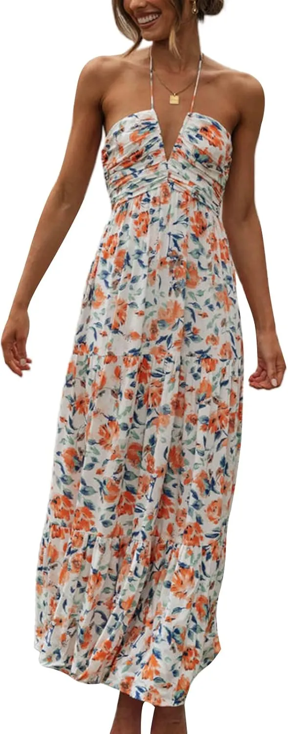 Women Halter Boho Maxi Dress Ruffle Floral Sleeveless Backless Vneck Spaghetti Strap Tie Back Flowy Long Sundress