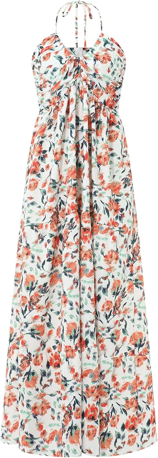 Women Halter Boho Maxi Dress Ruffle Floral Sleeveless Backless Vneck Spaghetti Strap Tie Back Flowy Long Sundress