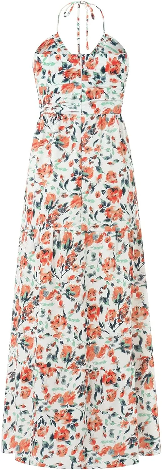 Women Halter Boho Maxi Dress Ruffle Floral Sleeveless Backless Vneck Spaghetti Strap Tie Back Flowy Long Sundress
