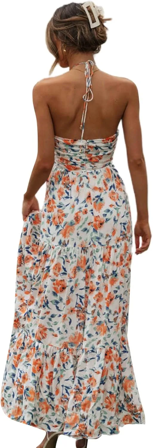 Women Halter Boho Maxi Dress Ruffle Floral Sleeveless Backless Vneck Spaghetti Strap Tie Back Flowy Long Sundress