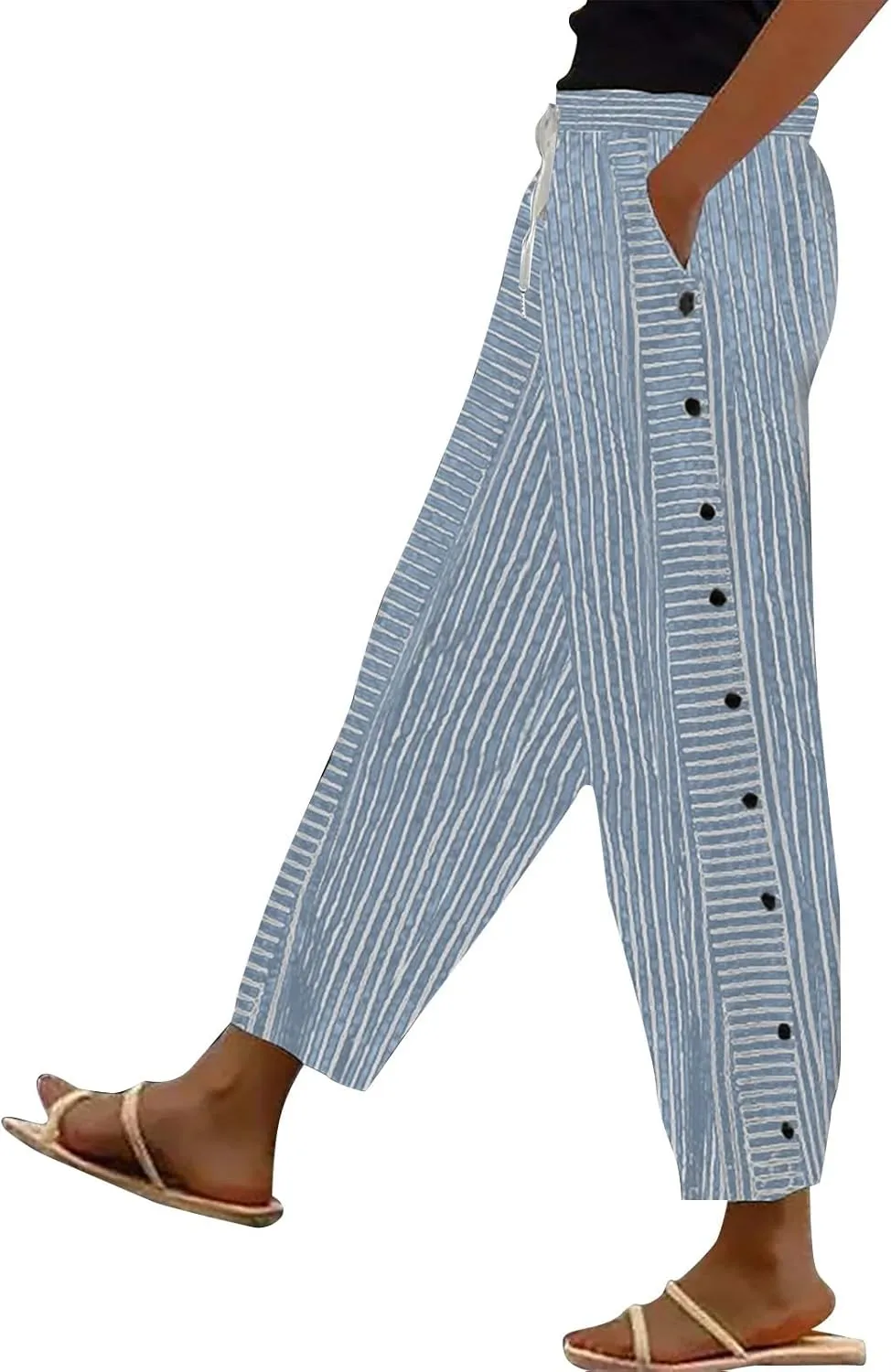 Women Linen Baggy Harem Pants Elastic Waistband High Waistband Pocket Pants Side Nine Point Casual Lounge