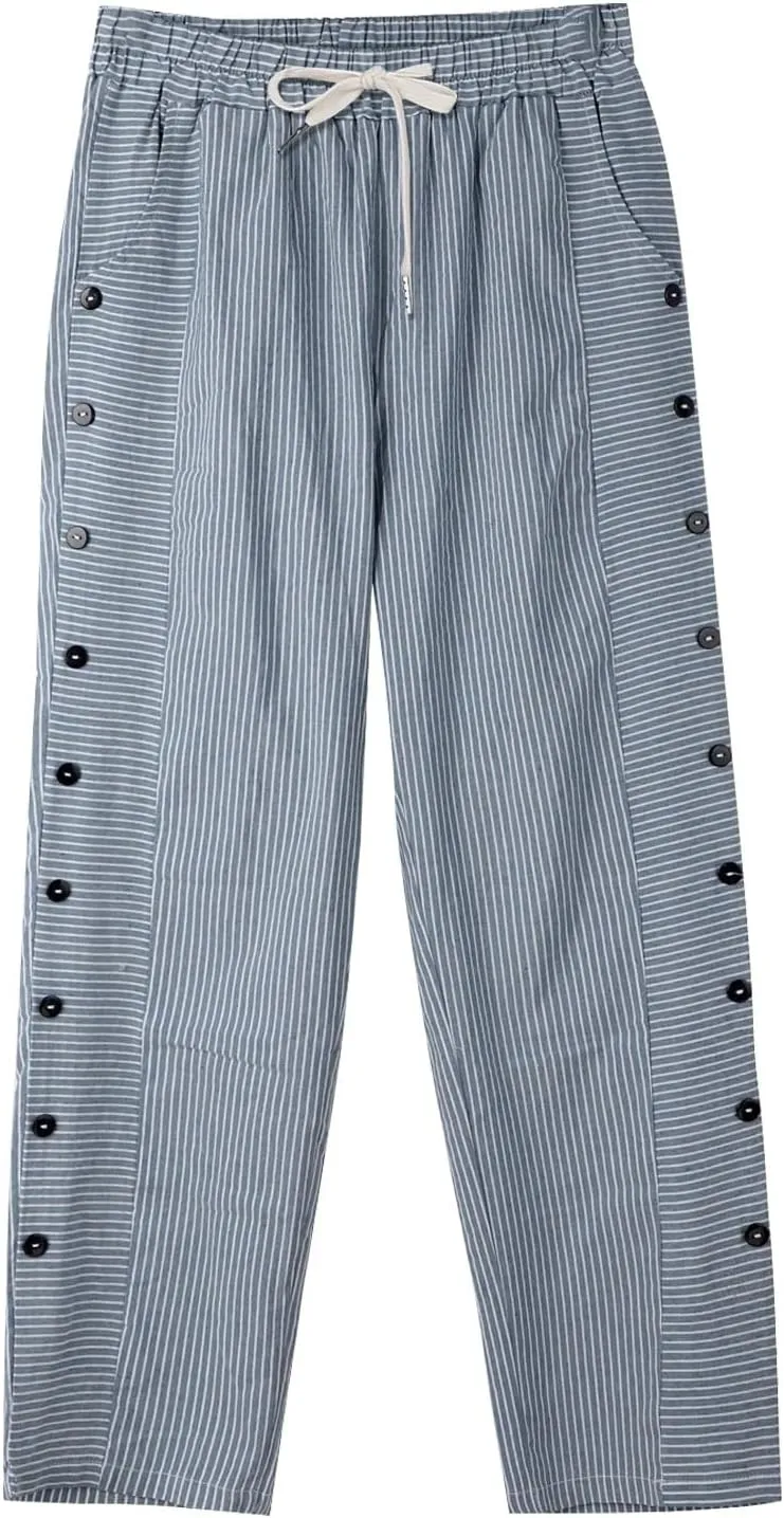 Women Linen Baggy Harem Pants Elastic Waistband High Waistband Pocket Pants Side Nine Point Casual Lounge