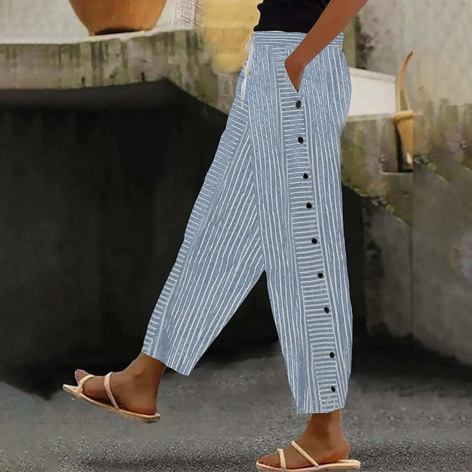Women Linen Baggy Harem Pants Elastic Waistband High Waistband Pocket Pants Side Nine Point Casual Lounge