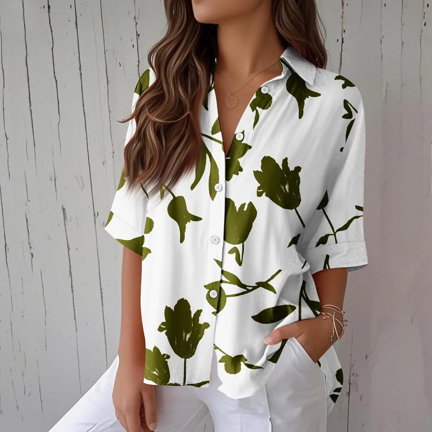 Women Linen Button Down Shirt Half Sleeve Collared Cotton Blouses Floral Printed Summer Beach Loose Casual Tops