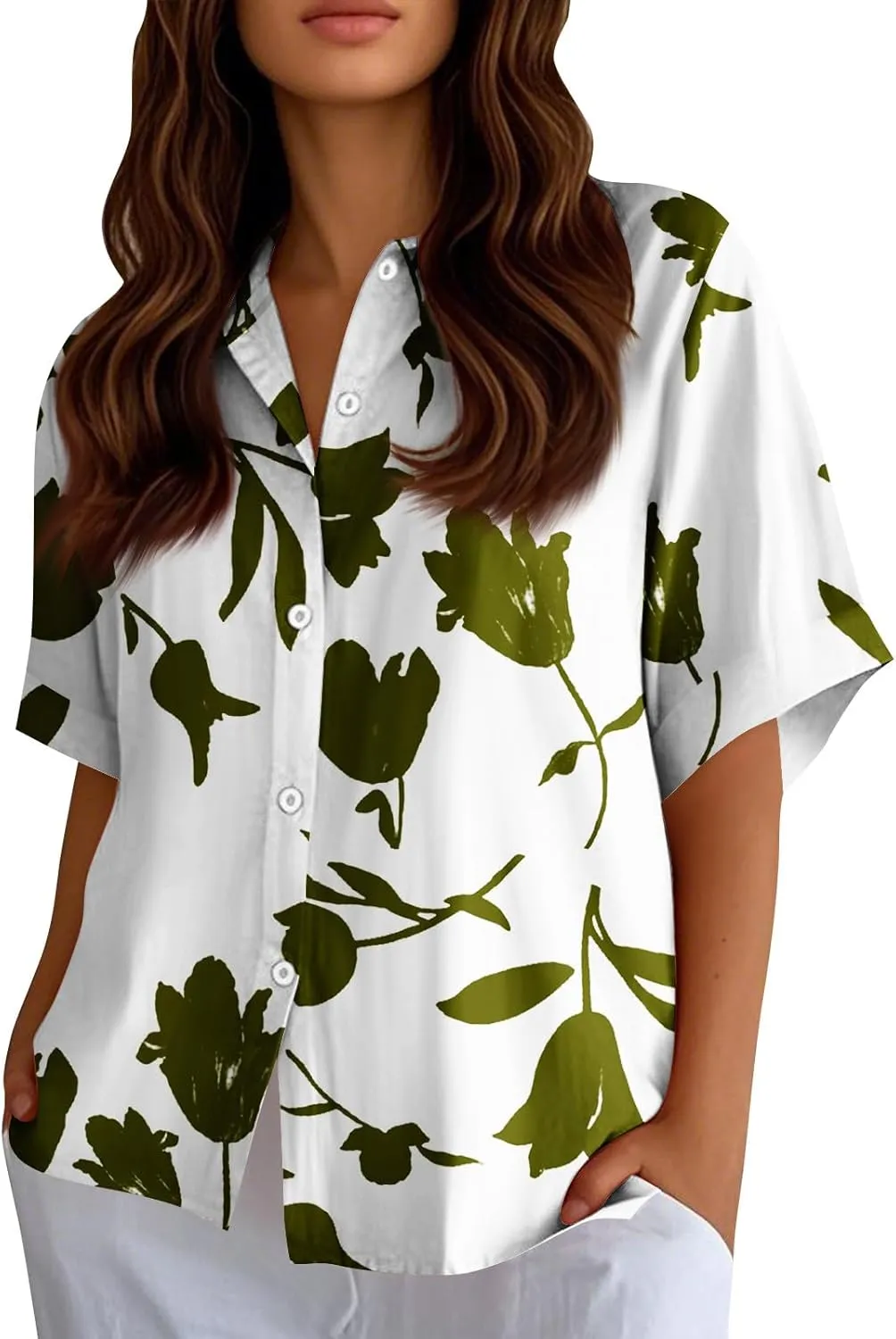 Women Linen Button Down Shirt Half Sleeve Collared Cotton Blouses Floral Printed Summer Beach Loose Casual Tops
