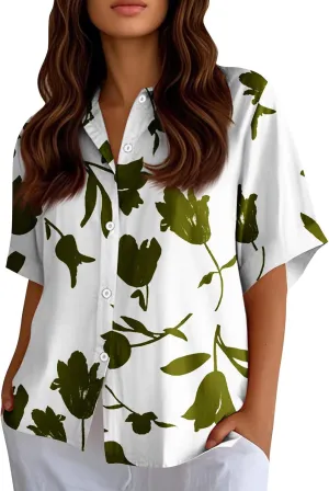 Women Linen Button Down Shirt Half Sleeve Collared Cotton Blouses Floral Printed Summer Beach Loose Casual Tops