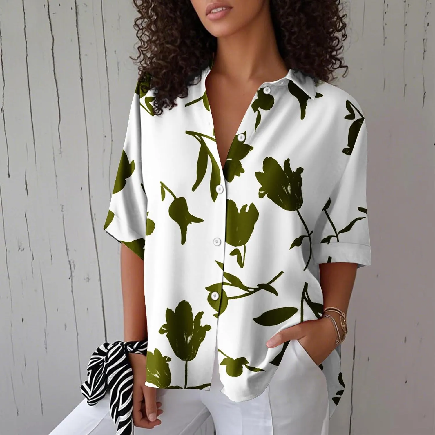 Women Linen Button Down Shirt Half Sleeve Collared Cotton Blouses Floral Printed Summer Beach Loose Casual Tops