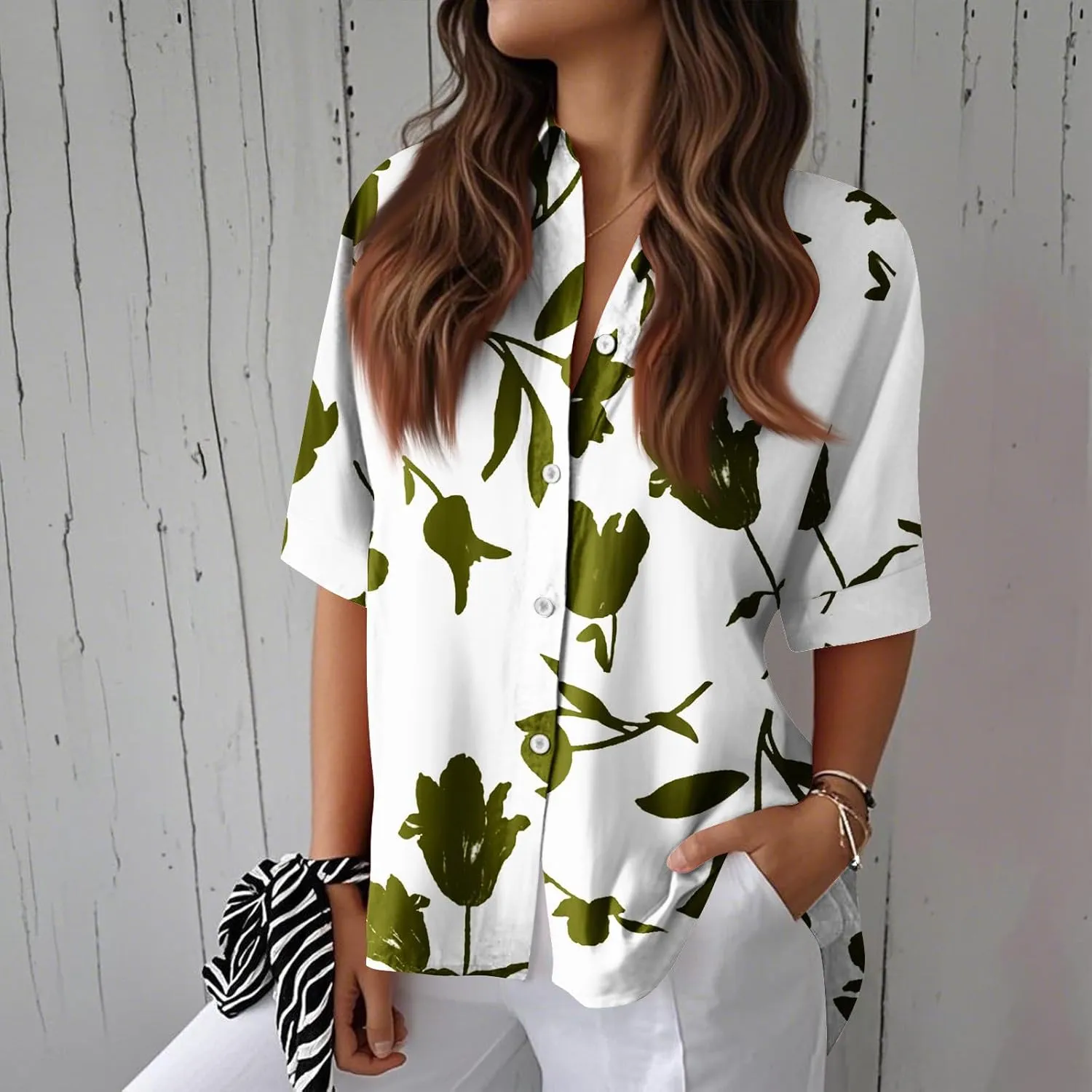 Women Linen Button Down Shirt Half Sleeve Collared Cotton Blouses Floral Printed Summer Beach Loose Casual Tops