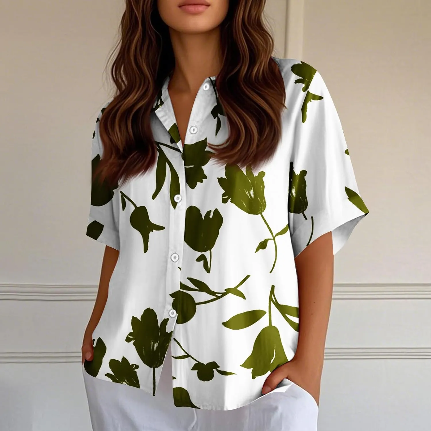 Women Linen Button Down Shirt Half Sleeve Collared Cotton Blouses Floral Printed Summer Beach Loose Casual Tops