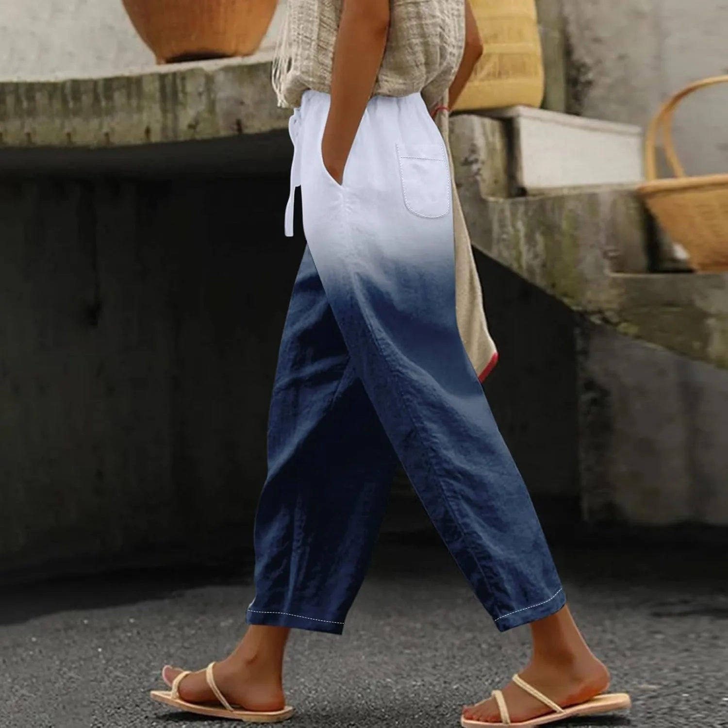 Women Linen Palazzo Pants Cotton Linen Elastic Seven Pants Beach Casual Pants Linen High Waisted Drawstring Lounge Pants