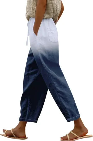 Women Linen Palazzo Pants Cotton Linen Elastic Seven Pants Beach Casual Pants Linen High Waisted Drawstring Lounge Pants