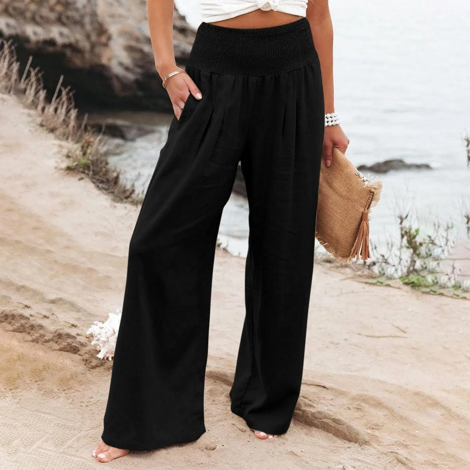 Women Linen Palazzo Pants Wide Leg High Waisted Casual Loose Boho Pants Summer Flowy Smocked Lounge Beach Vacation Trousers