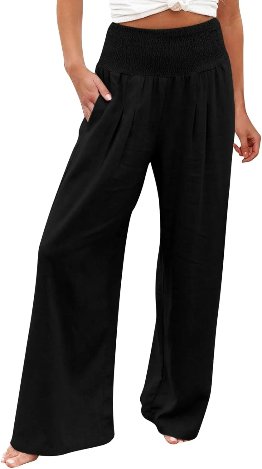 Women Linen Palazzo Pants Wide Leg High Waisted Casual Loose Boho Pants Summer Flowy Smocked Lounge Beach Vacation Trousers