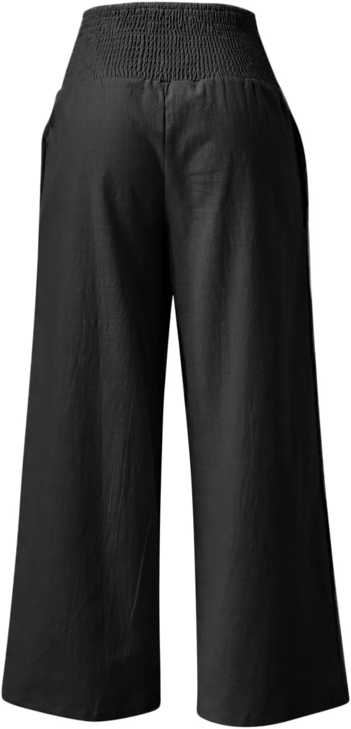 Women Linen Palazzo Pants Wide Leg High Waisted Casual Loose Boho Pants Summer Flowy Smocked Lounge Beach Vacation Trousers