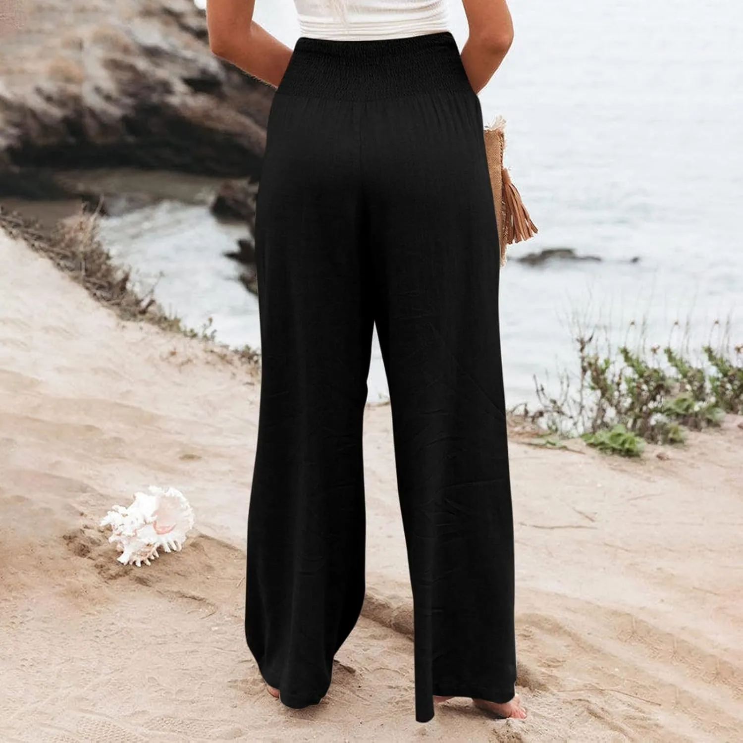 Women Linen Palazzo Pants Wide Leg High Waisted Casual Loose Boho Pants Summer Flowy Smocked Lounge Beach Vacation Trousers